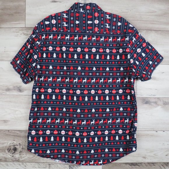 Denim & Flower* Men's Short Sleeve Button Down Curved Hem Holiday Shirt~ Large - Picture 3 of 9